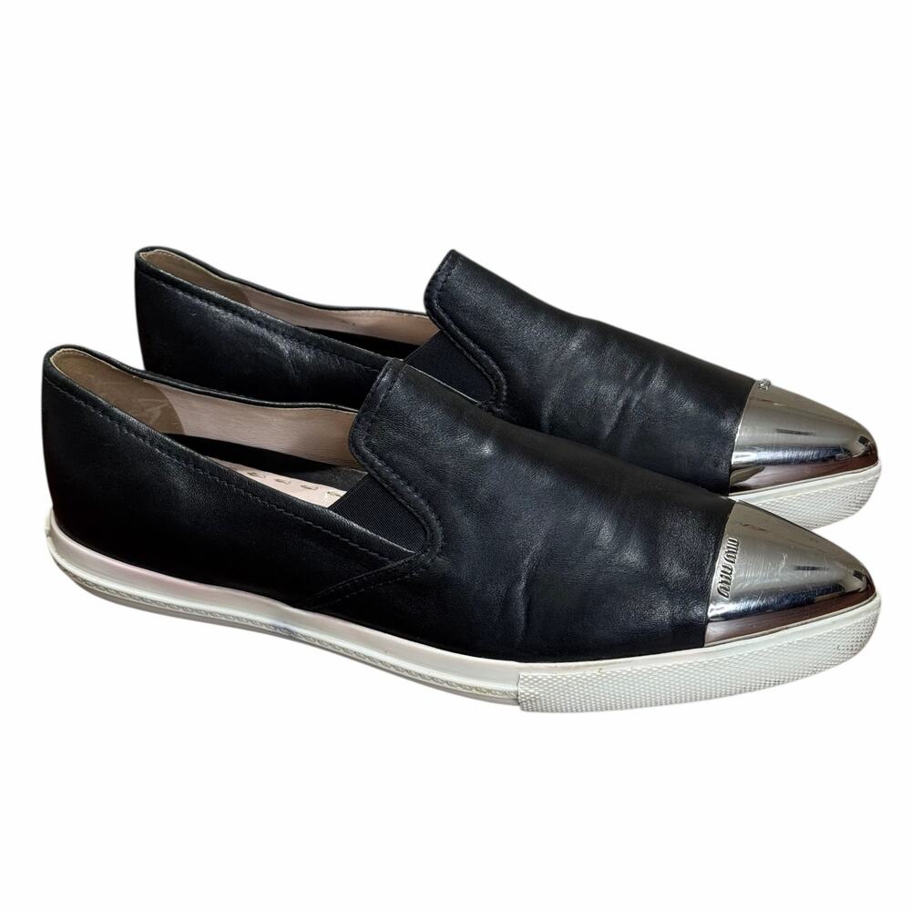 Miu Miu Black Leather Metal Point Cap Toe Loafer Slip On Size 41